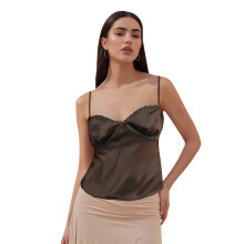 (L, Coffee) Femei fără mâneci V-neck fără mâneci bluză de seară cu dantelă și guler în V bluză de seară