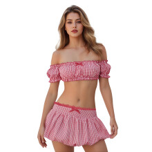 (M, Red) Dámský letní kostkovaný outfit s odhalenými rameny, krátkým rukávem a mini sukní.