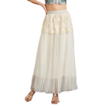 (XL, Beige) Jupe longue fluide en tulle fleuri 3D pour femme, taille haute, coupe trapèze, idéale pour l'été et le printemps