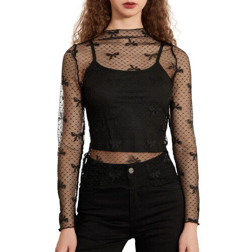 (L, Black) T-shirts longs transparents à bretelles.