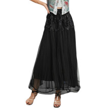 (L, Black) Jupe longue fluide en tulle fleuri 3D pour femme, taille haute, coupe trapèze, idéale pour l'été et le printemps