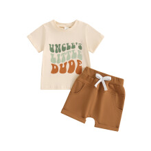 (18-24 Months, Khaki) Ensemble d'été garçon : T-shirt imprimé lettres, short élastique, 2 pièces.