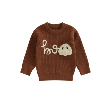 (2-3 Years, Brown) Baby-Halloween-Pullover, langärmelig, Rundhalsausschnitt, Geisterstickerei, Strickoberteile, Kleinkind-Sweatshirts