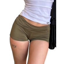 (L, Green) Short d'été pour femme, à revers, couleur unie, taille basse, froncé, moulant