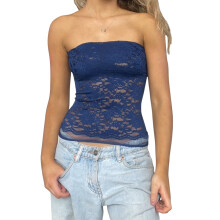 (L, Dark Blue) Tops en dentelle été streetwear