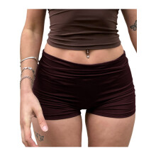 (S, Brown) Short d'été pour femme, à revers, couleur unie, taille basse, froncé, moulant
