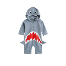 (5-6 Years, Gray) Kinder-Badeanzug für Jungen, langärmelig, mit Kapuze, Hai-Motiv und Reißverschluss, Sommer-Badebekleidung