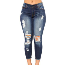 (M, Dark Blue) Dames stretch gescheurde cropped jeans met hoge taille, distressed casual denim broek, skinny jeans, streetwear