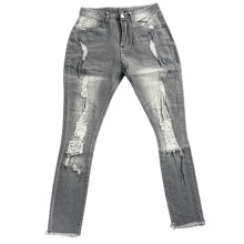 (M, Light Grey) Dames stretch gescheurde cropped jeans met hoge taille, distressed casual denim broek, skinny jeans, streetwear
