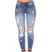 (M, Light Blue) Dames stretch gescheurde cropped jeans met hoge taille, distressed casual denim broek, skinny jeans, streetwear