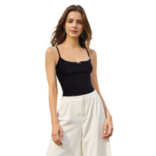 (S, Black) Maiouri scurte pentru femei, cu bretele spaghete, design elegant cu mini funde, croială slim, fără mâneci, pentru vară