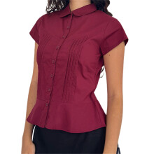 (L, Burgundy) Dames zomerblouse met slanke pasvorm, effen kleur, korte mouwen, reverskraag, knoopsluiting en plooien.