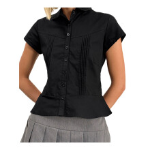 (M, Black) Dames zomerblouse met slanke pasvorm, effen kleur, korte mouwen, reverskraag, knoopsluiting en plooien.
