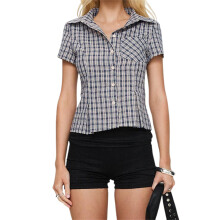 (S, Navy Blue) Chemise à carreaux femme, manches courtes, top d'été streetwear décontracté