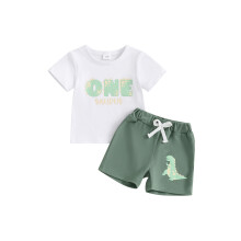 (6-12 Months, White) Ensemble 1er anniversaire garçon : T-shirt col rond imprimé lettres et short dinosaure