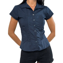 (S, Dark Blue) Dames zomerblouse met slanke pasvorm, effen kleur, korte mouwen, reverskraag, knoopsluiting en plooien.