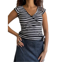 (XL, White) Women's Trendy Cap Sleeve Tops Summer Deep V Neck Stripe/Dot Print Slim Bandage Tees