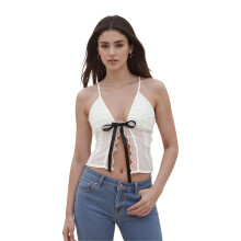 (M, White) Women's Lace Slim Cropped Camisole V-Neck Spaghetti Strap Tiered Ruffled Show Navel Tops