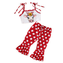 (3-4 Years, Red) Conjunto de verão para menina: blusa regata com amarração e calça flare (2 peças).
