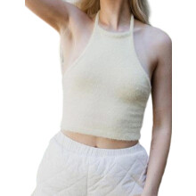 (L, White) Women's Summer Plush Vest Sleeveless Halter Neck Solid Color Slim Fit Party Tank Tops