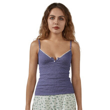 (M, Blue) Women's Button Up Cami Tops Sleeveless Open Back V Neck Dot Print Lace Trim Tanks