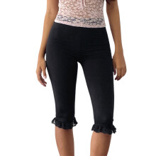(L, Black) Pantalon Capri femme taille haute avec bordure en dentelle, pantalon court décontracté d'été, legging court extensible