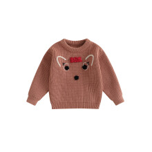 (2-3 Years, Khaki) Baby Boy Girl Knit Sweater Deer Embroidery 3D Bow Crew Neck Long Sleeve Pullover Tops for Fall Winter