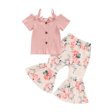 (12-18 Months, Pink) Sommeroutfit für kleine Mädchen, 2-teilig: Kurzarm-Ripptop mit Schleife und Blumenhose.