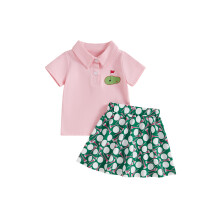 (3-4 Years, Pink) Ensemble d'été fille : t-shirt court et jupe trapèze à imprimé baseball, 2 pièces mignonnes