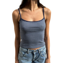 (S, Blue) Women Striped Camisole Slim Scoop Neck Spaghetti Strap Backless Crop Tops Summer Streetwear