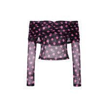 (S, Multi-color) Women's Off Shoulder Mesh Tops Long Sleeve Dots Print Slim Fit T-Shirts Ruched Blouses