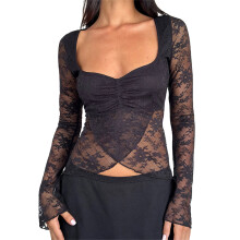 (M, Black) Women Crop Wrap Tops See-Through Lace Sweetheart V-Neck Long Sleeve Shirt for Club Streetwear Aesthetic Grunge Clothes