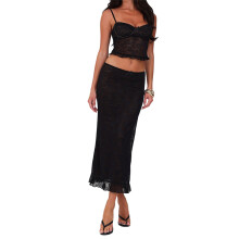 (L, Black) Ensemble d'été pour femme : débardeur à fines bretelles en dentelle + jupe longue taille basse - Tenue de soirée