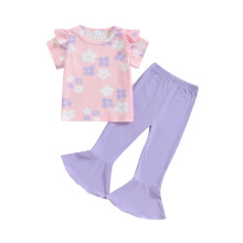 (3-4 Years, Purple) Kinderkleding set meisjes: T-shirt korte mouwen met bloemenprint en flared broek. Zomeroutfit