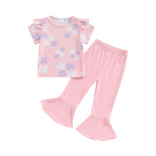 (3-4 Years, Pink) Kinderkleding set meisjes: T-shirt korte mouwen met bloemenprint en flared broek. Zomeroutfit