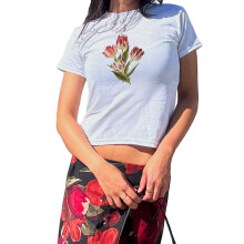 (M, White) Women's Summer Casual Tops Short Sleeve Round Neck Cherry/Revolver/Flower Print T-shirt