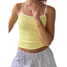 (M, Yellow) Bluze scurte pentru femei, fără mâneci, spate deschis, croială slim, culoare solidă/dungi, imprimeu