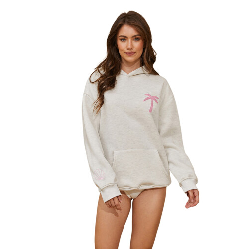 (L, Light Grey) Γυναικεία φθινοπωρινή μπλούζα με κουκούλα και τσέπη, με κέντημα καρύδας