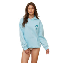 (S, Light Blue) Sweat à capuche ample d'automne pour femme, broderie cocotier, avec poche