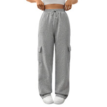 (S, Gray) Dames cargo joggingbroek, effen kleur, elastische tailleband met trekkoord, losse rechte pijpen, met zakken.