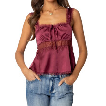 (L, Claret) Femei Babydoll Tank Topuri Slim Lace Trim Pătrat Guler Fără Mâneci Backless Crop Shirt Vara Streetwear