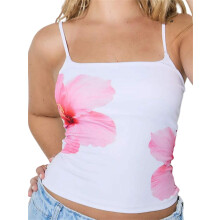 (L, White) Women Camisole, Sleeveless Tops Flower Print Slim Fit Summer Vest for Party Club