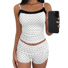(S, Black) Conjunto de 2 piezas para mujer: shorts, tops cortos con tirantes finos y ribete de encaje, mini shorts ajustados, conjuntos de verano.