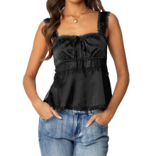 (S, black) Women Babydoll Tank Tops Slim Lace Trim Square Neck Sleeveless Backless Crop Shirt Summer Streetwear