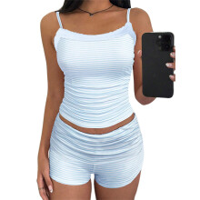 (L, Blue) Conjunto de 2 piezas para mujer: shorts, tops cortos con tirantes finos y ribete de encaje, mini shorts ajustados, conjuntos de verano.