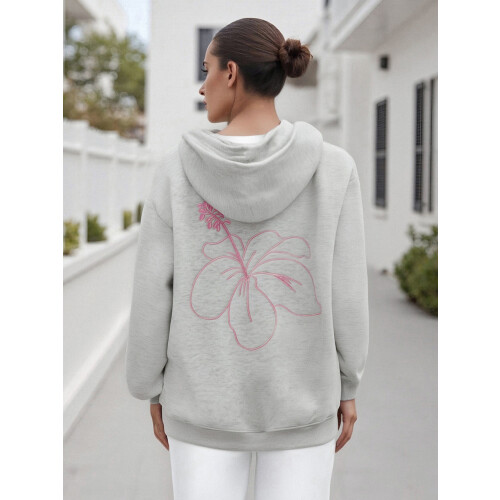 (L, Light Grey) Γυναικεία φθινοπωρινή μπλούζα με κουκούλα και τσέπη, με κέντημα καρύδας 1