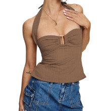 (L, Coffee) Women's Summer Halter Tank Tops Solid Color Sleeveless Square Buckle Decor Ruched Vest