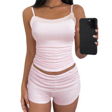 (S, Pink) Conjunto de 2 piezas para mujer: shorts, tops cortos con tirantes finos y ribete de encaje, mini shorts ajustados, conjuntos de verano.
