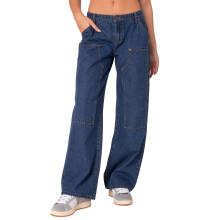 (L, Blue) Jeans da donna alla moda, tinta unita, gamba dritta, in denim, pantaloni casual primaverili con tasche.