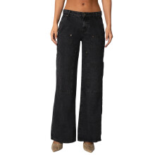 (XL, Black) Jeans da donna alla moda, tinta unita, gamba dritta, in denim, pantaloni casual primaverili con tasche.